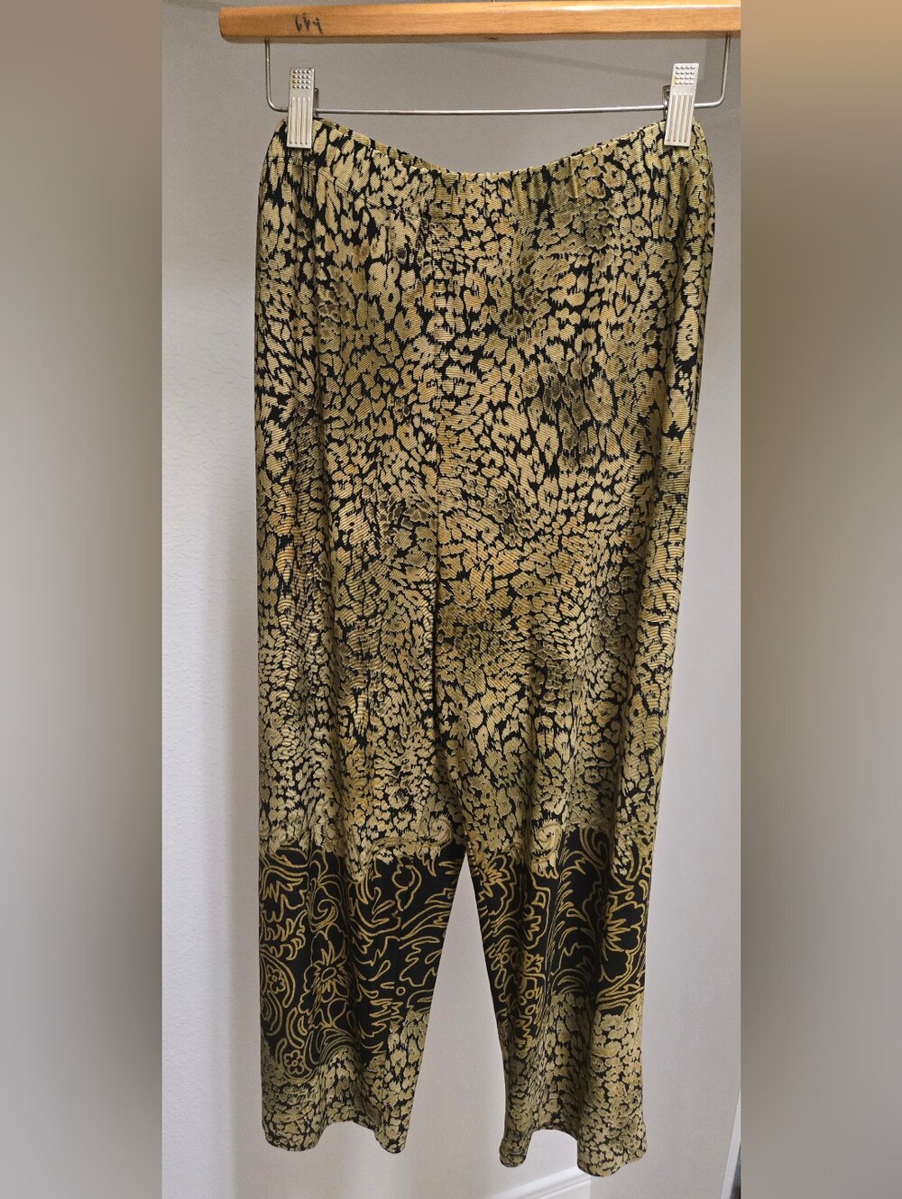 Vikki Vi 1X Black Gold Floral Baroque Print Wide Leg Palazzo Pants Made USA